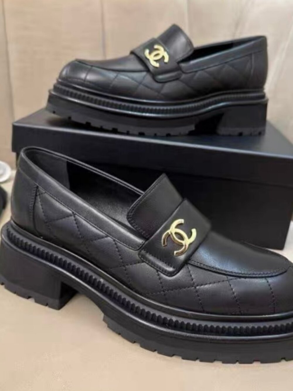 CHANEL Black Diamond Quilted Platform Loafers
